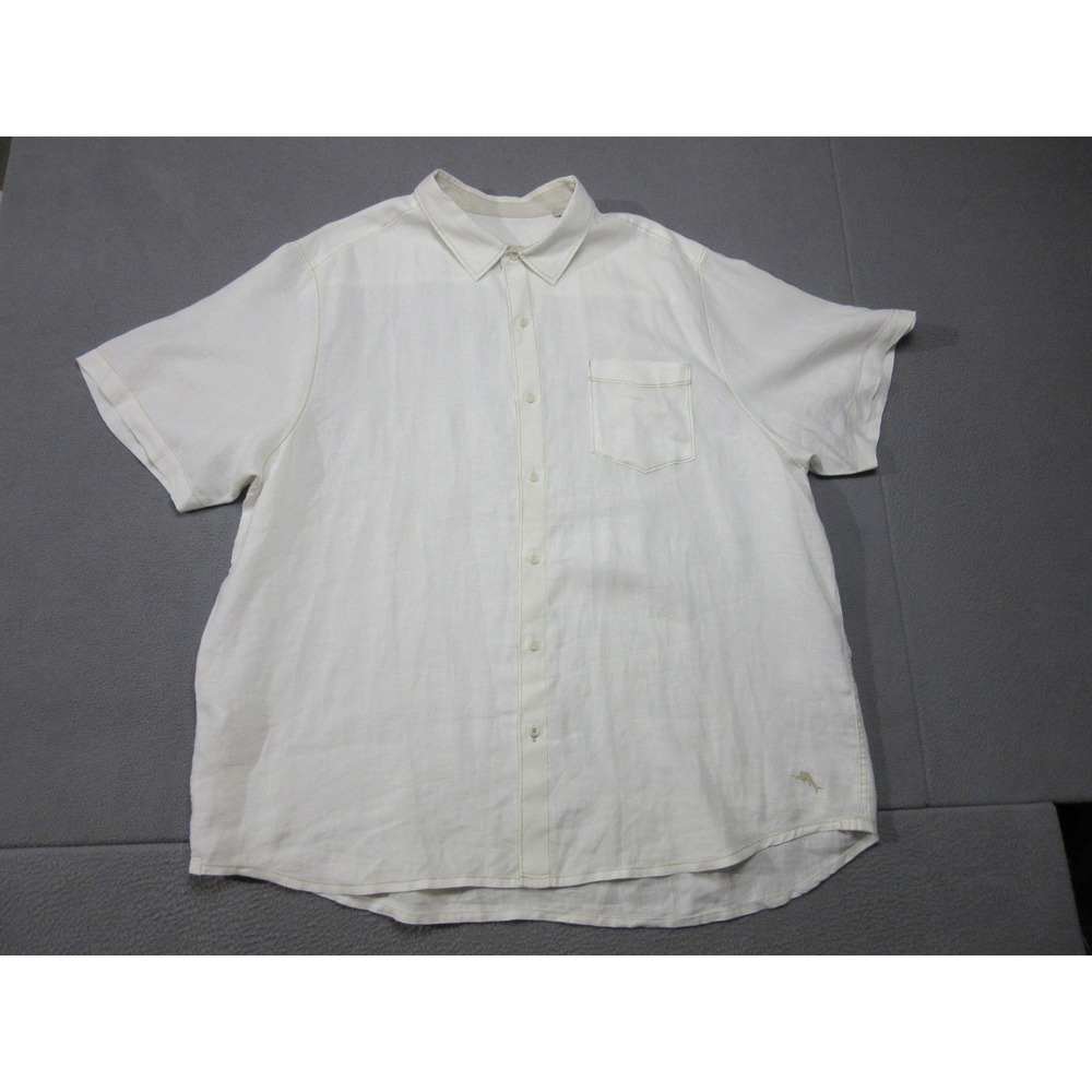 Tommy Bahama Shirt Mens 2XL White 100% Linen Short Sleeve Button Down Aloha